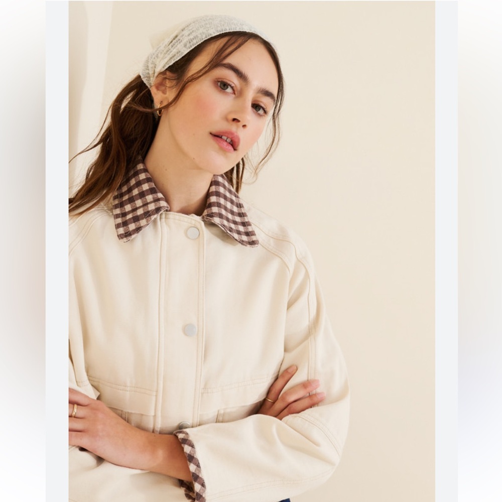 NWT Cream Denim Chore Jacket with Brown Gingham Collar And Details.  Size XL.